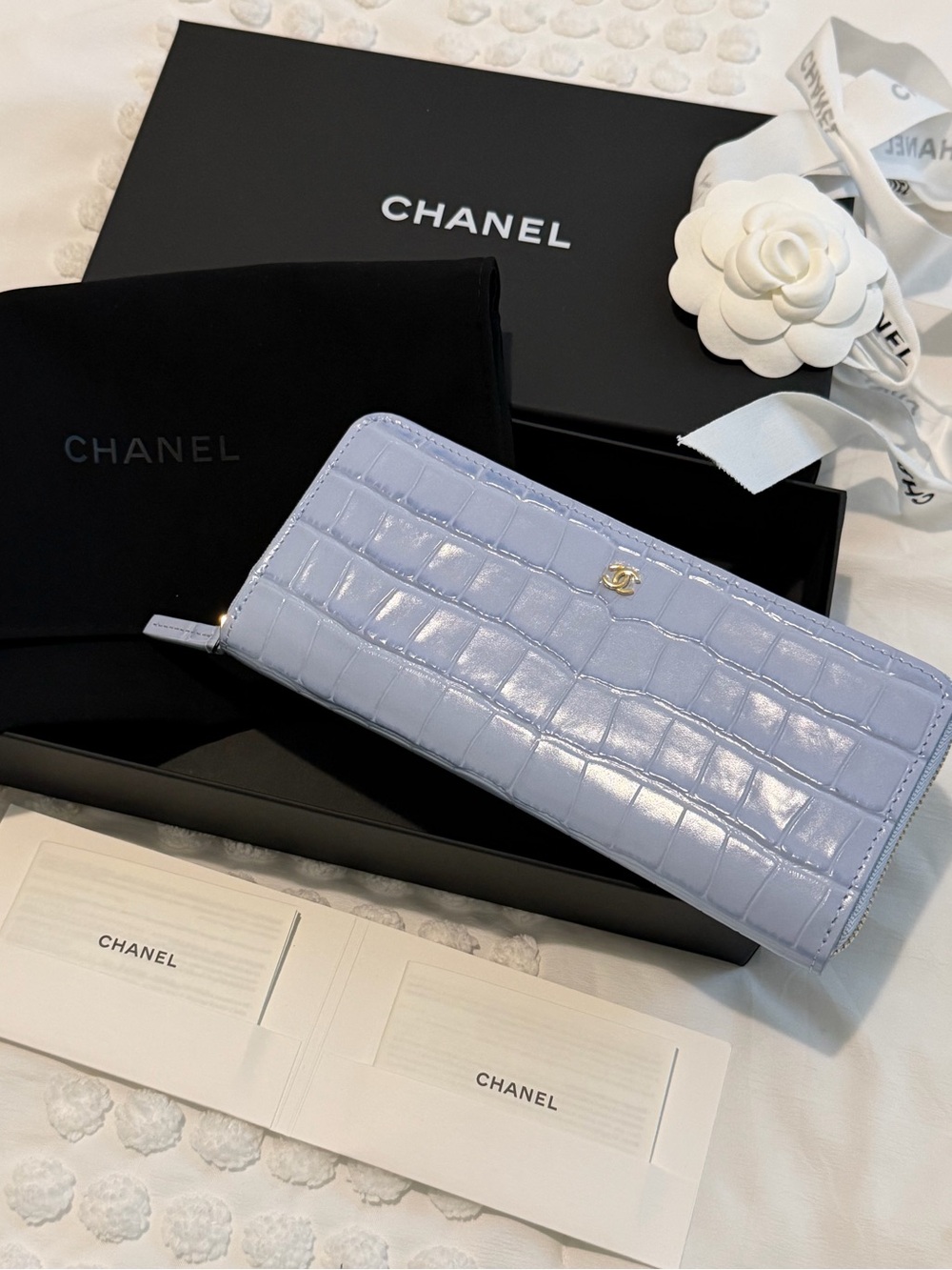 CHANEL Croc Embossed Zip Around Long Wallet Lilac Lavender Brand New with Box